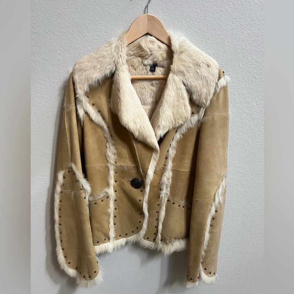 Cream Rabbit fur lined tan suede jacket.  Barely worn. In great condition!